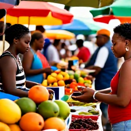Caribbean Holidays, December Wine Tasting, Visitors exploring a colourful Trinidad market in December, with tropical fruit, spices, local produce and friendly island atmosphere