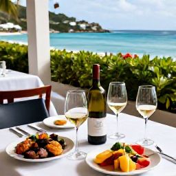 Caribbean Holidays, December Wine Tasting, Wine tasting table with French wines, local seafood and tropical fruit at a refined Saint Barth&eacute;lemy restaurant