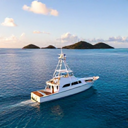 Caribbean Holidays, Deep Sea Fishing, A deep sea fishing boat heading out across clear Caribbean water at sunrise, with tropical islands in the distance