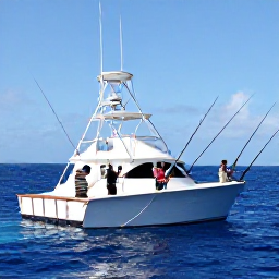 Caribbean Holidays, Deep Sea Fishing, Anglers on a well-equipped Caribbean fishing charter holding rods beside the open sea, with a professional crew assisting