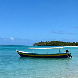 Caribbean Holidays, Deep Sea Fishing, Colourful Caribbean fishing boat on calm turquoise water with a small island, reefs and blue sky in the background