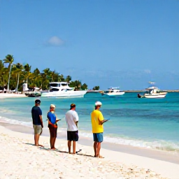 Caribbean Holidays, Deep Sea Fishing, Relaxed Caribbean anglers returning to a sunny harbour after a successful deep sea fishing excursion, with palm trees and colourful boats