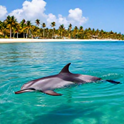 Caribbean Holidays, Dolphin Swimming, A bottlenose dolphin swimming beside a visitor in a calm tropical lagoon, with palm trees and bright blue sky in the background