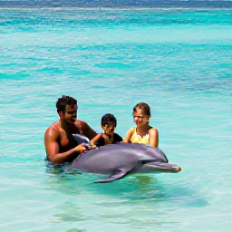 Caribbean Holidays, Dolphin Swimming, A happy family preparing for a dolphin swim in clear turquoise Caribbean water, with a professional marine guide nearby