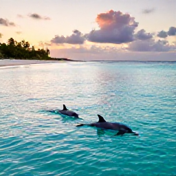 Caribbean Holidays, Dolphin Swimming, A peaceful Caribbean beach and turquoise sea at sunset, representing a responsible marine-life holiday experience
