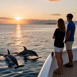 Caribbean Holidays, Dolphin Watching, A couple watching the sunset from the deck of a Caribbean boat after a dolphin-watching trip, with calm water and warm evening light