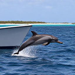 Caribbean Holidays, Dolphin Watching, A dolphin leaping beside a boat in sparkling Caribbean sunshine, with calm sea and a distant sandy beach