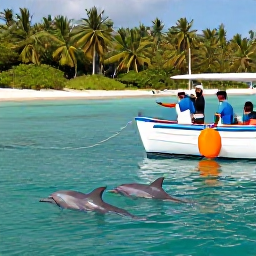 Caribbean Holidays, Dolphin Watching, A friendly local guide pointing towards dolphins while visitors enjoy a calm boat ride beside a lush Caribbean island