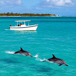 Caribbean Holidays, Dolphin Watching, A small boat cruising across clear turquoise Caribbean water with dolphins swimming alongside, bright island coastline in the background