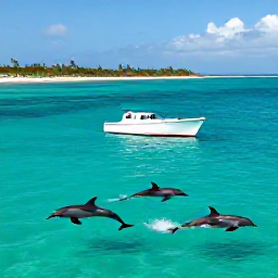 Caribbean Holidays, Dolphin Watching, A small boat cruising across clear turquoise Caribbean water with dolphins swimming alongside, bright tropical coastline in the background