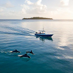 Caribbean Holidays, Dolphin Watching, A small boat travelling across clear Caribbean sea at sunrise, with dolphins swimming alongside and tropical islands in the distance