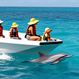 Caribbean Holidays, Dolphin Watching, Family-friendly Caribbean dolphin-watching trip with passengers wearing sun hats and life jackets on a shaded boat