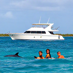 Caribbean Holidays, Dolphin Watching, Happy holidaymakers watching a pod of dolphins near a comfortable island excursion boat in calm tropical waters