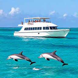 Caribbean Holidays, Dolphin Watching, Happy passengers on a comfortable Caribbean wildlife-watching boat as wild dolphins leap and swim nearby in sparkling turquoise water