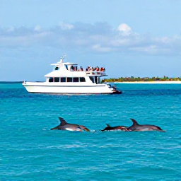 Caribbean Holidays, Dolphin Watching, Passengers on a comfortable wildlife boat watching a pod of dolphins near a sunny Caribbean island, natural and respectful wildlife encounter