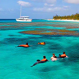 Caribbean Holidays, Dolphin Watching, Visitors swimming and snorkelling in clear shallow Caribbean water after a dolphin-watching cruise, colourful reef and tropical shore nearby