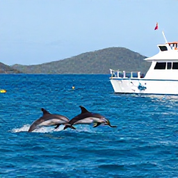 Caribbean Holidays, Dolphin Watching, Wild Caribbean dolphins leaping beside a respectful observation boat, with vivid blue sea, distant green hills and no contact between people and animals