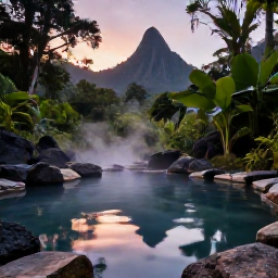 Caribbean Holidays, Dominica Adventure, A peaceful natural hot spring in Dominica at dusk, surrounded by rainforest and volcanic rocks