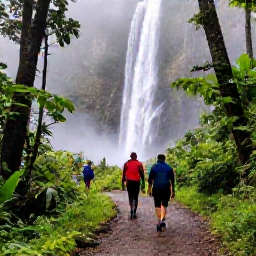 Caribbean Holidays, Dominica Adventure, Hikers following a rainforest path towards Trafalgar Falls in Dominica, with mist and tropical greenery