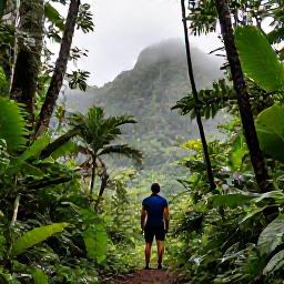 Caribbean Holidays, Dominica Adventure Holidays, A hiker standing on a lush rainforest trail in Dominica during June, with misty mountains and tropical greenery
