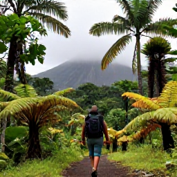 Caribbean Holidays, Dominica Adventure Holidays, A hiker walking through lush rainforest on Dominica, with tall palms, ferns and misty volcanic hills in the background
