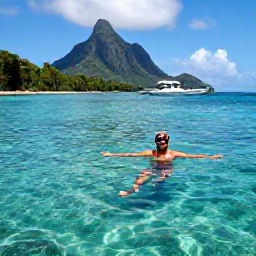 Caribbean Holidays, Dominica Adventure Holidays, Clear Caribbean water off Dominica with a snorkeller, colourful reef fish and a small boat near a green volcanic coastline