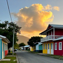 Caribbean Holidays, Dominica Adventure Holidays, Friendly Dominica village restaurant serving Creole dishes beside a colourful Caribbean street at sunset