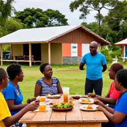 Caribbean Holidays, Dominica Adventure Holidays, Friendly local guide and travellers enjoying a Creole meal in a small Dominica village after a day outdoors
