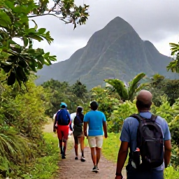 Caribbean Holidays, Dominica Adventure Holidays, Friendly local guide leading travellers through a tropical trail in Dominica, with mountains in the background