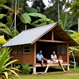 Caribbean Holidays, Dominica Adventure Holidays, Friendly travellers relaxing at a small eco-lodge in Dominica after an active day, surrounded by rainforest and tropical gardens