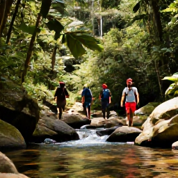 Caribbean Holidays, Dominica Adventure Holidays, Hikers walking through lush rainforest on Dominica beside a clear mountain stream in warm May sunshine