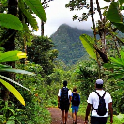 Caribbean Holidays, Dominica Adventure Holidays, Hikers walking through lush rainforest on Dominica in August, with misty mountains and tropical foliage