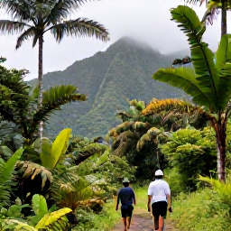 Caribbean Holidays, Dominica Adventure Holidays, Hikers walking through lush rainforest on Dominica, with tall palms, ferns and misty green mountains in the background