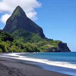 Caribbean Holidays, Dominica Adventure Holidays, Kayaker paddling along Dominica's rugged coastline near a quiet black-sand beach, with lush green hills behind
