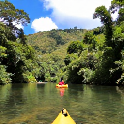 Caribbean Holidays, Dominica Adventure Holidays, Kayakers paddling along a calm river through Dominica's tropical rainforest, with green hills and clear water