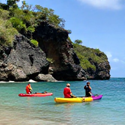 Caribbean Holidays, Dominica Adventure Holidays, Sea kayakers and snorkellers exploring clear Caribbean water beside Dominica's rugged coastline