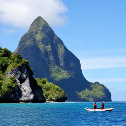 Caribbean Holidays, Dominica Adventure Holidays, Sea kayakers paddling along Dominica&rsquo;s rugged coastline, with clear blue water, green cliffs and a bright Caribbean sky