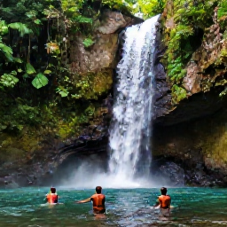 Caribbean Holidays, Dominica Adventure Holidays, Swimmers enjoying a clear natural pool beneath a waterfall in Dominica, surrounded by rainforest
