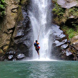 Caribbean Holidays, Dominica Adventure Holidays, Visitors canyoning through a Dominica waterfall, sliding over smooth rocks into a clear natural pool