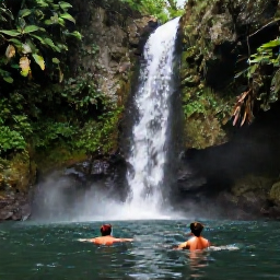 Caribbean Holidays, Dominica Adventure Holidays, Visitors swimming in a natural hot spring near a waterfall in Dominica, surrounded by dense rainforest