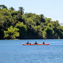 Caribbean Holidays, Dominica Adventure, Kayakers and snorkellers enjoying calm blue Caribbean water off Dominica with forested coastline in the background