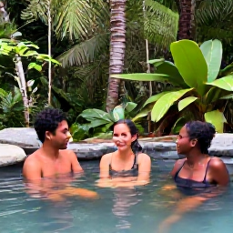 Caribbean Holidays, Dominica Adventure, Relaxed travellers enjoying a natural hot spring in Dominica after a day of hiking, with tropical forest around them