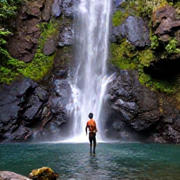 Caribbean Holidays, Dominica Adventure, Travellers canyoning through a clear waterfall pool in Dominica, surrounded by dark volcanic rock and green rainforest