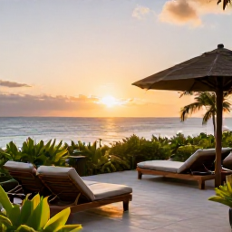 Caribbean Holidays, Dominica All Inclusive, A comfortable Dominica hotel terrace at sunset with comfortable loungers, tropical plants and views over the Caribbean Sea