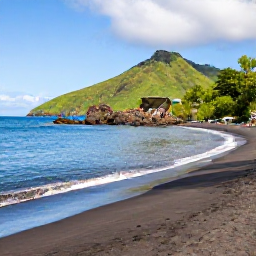 Caribbean Holidays, Dominica All Inclusive, A peaceful black sand beach in Dominica with calm sea, volcanic rocks, green hills and a couple relaxing near the shoreline
