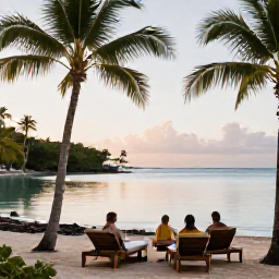 Caribbean Holidays, Dominica All Inclusive, A relaxed beachfront resort in Dominica with palm trees, calm Caribbean water and guests enjoying a peaceful holiday