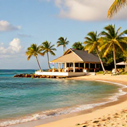 Caribbean Holidays, Dominica All Inclusive, A relaxed tropical beach in Dominica with clear turquoise water, palm trees and a small stylish resort, photographed in warm natural light