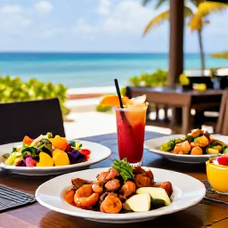 Caribbean Holidays, Dominica All Inclusive, An elegant Dominica resort restaurant serving fresh Caribbean seafood, colourful salads and tropical fruit, with an open-air setting overlooking the sea