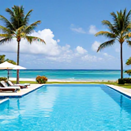 Caribbean Holidays, Dominica All Inclusive, Comfortable all-inclusive resort in Dominica with swimming pool, palm trees, loungers and ocean views