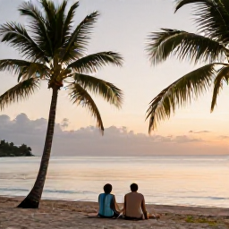 Caribbean Holidays, Dominica All Inclusive, Couple relaxing on a quiet Dominica beach at sunset with calm sea, palm trees and soft evening light